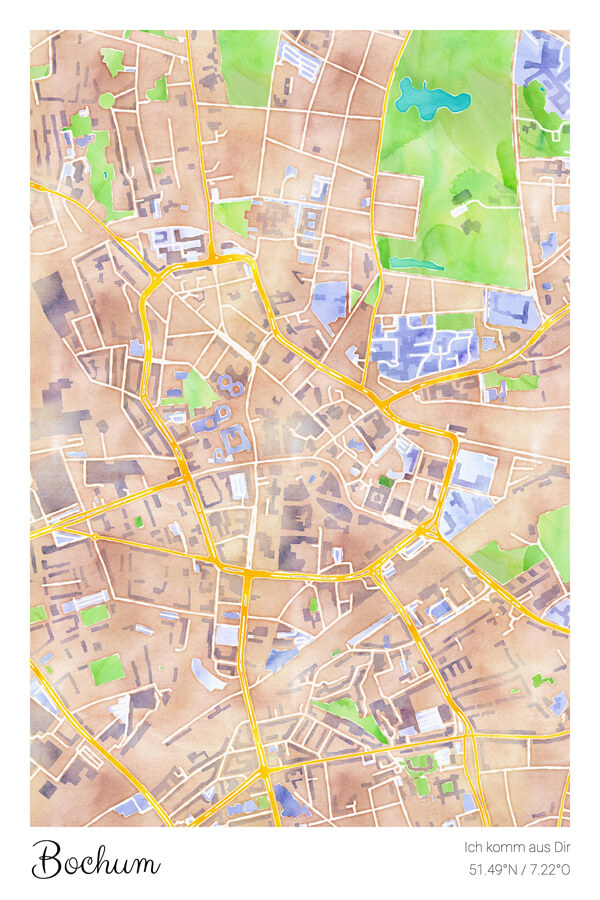 Stadtplan Bochum Kunstwerk Wasserfarbe Pastell