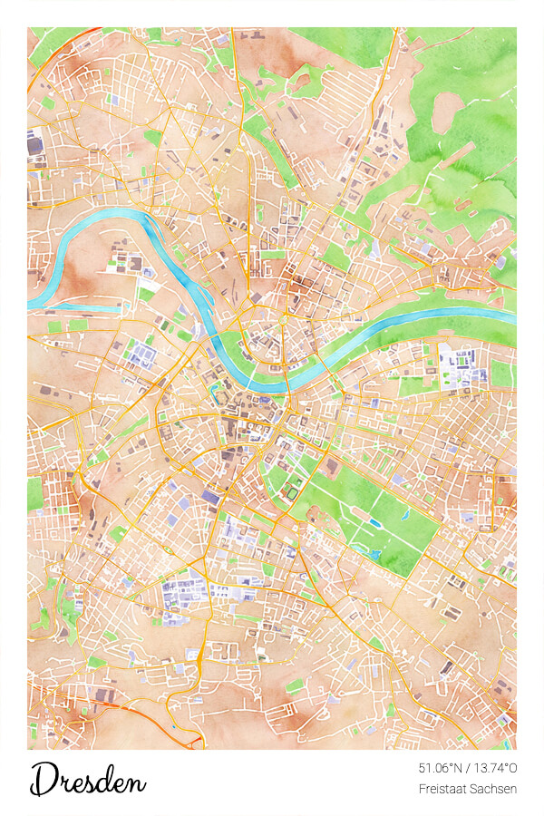 Stadtplan Dresden Freistaat Sachsen Wasserfarbe