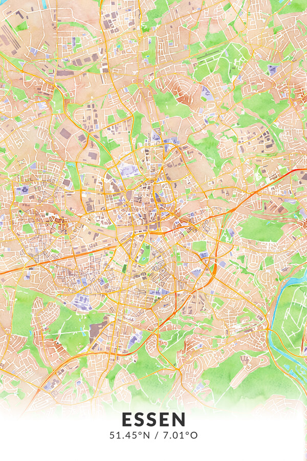 Stadtplan Essen Gemälde Wasserfarbe Kunst Heimat