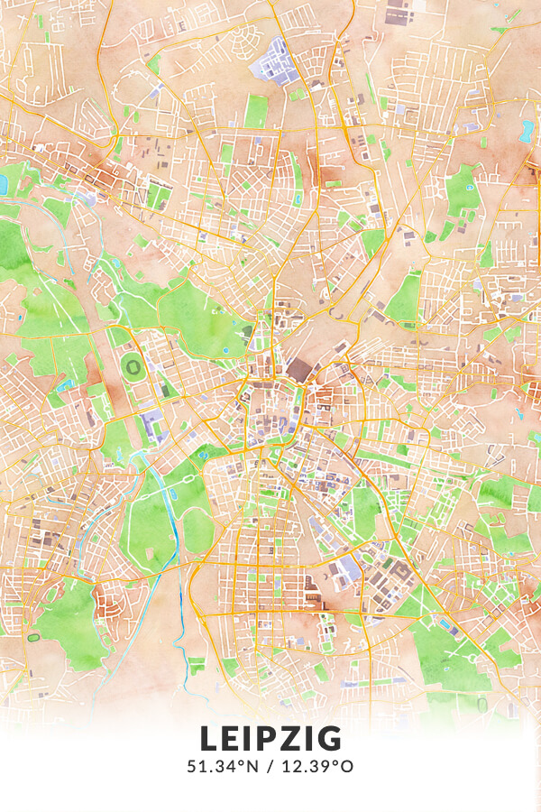 Stadtplan Leipzig in Wasserfarbe