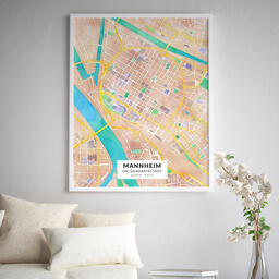 Gerahmtes Poster der Innenstadt Mannheims im Stil Wasserfarbe